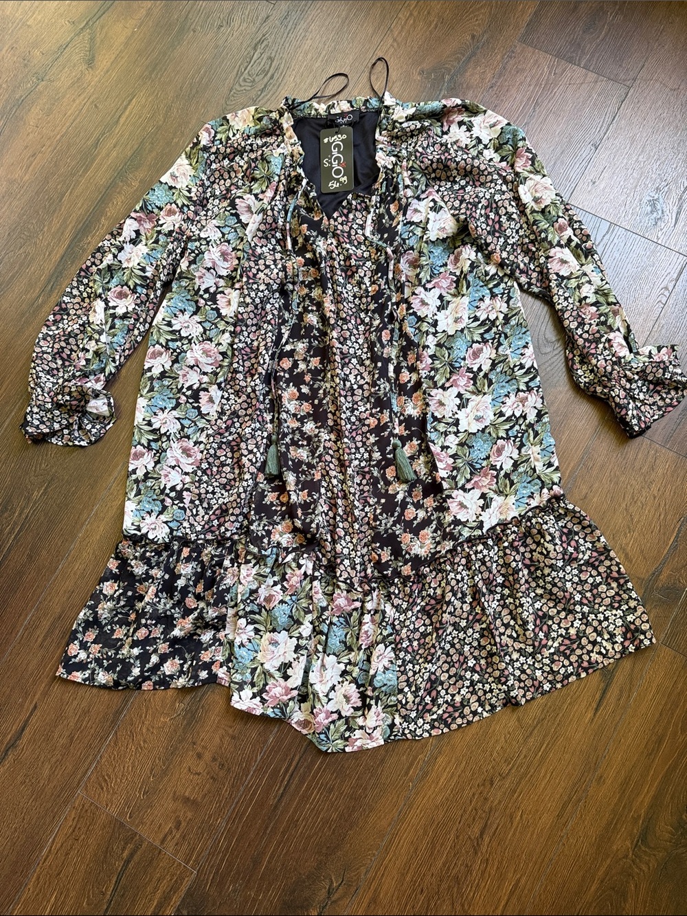 Boho Floral Patchwork Long-Sleeve Tunic Dress - Black Floral
